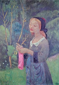 Joven con una media rosa o joven bretona tejiendo, 1920